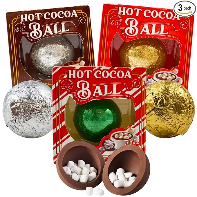 Needzo Hot Chocolate Melting Balls Assorted Variety with Salted Caramel, Peppermint, and Classic Flavors, Bulk Cocoa with Mini Marshmallows Inside, Cute Candy Stocking Stuffers Party Favor Pack of 3