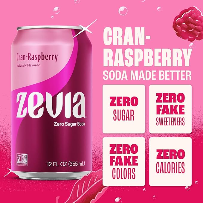 Zevia Zero Sugar Soda, Cran-Raspberry, 12 oz Cans (24-Pack) – Naturally Sweetened, Non-GMO Project Verified, Gluten-Free, Vegan