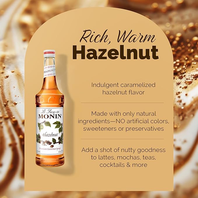Monin - Hazelnut Syrup, Nutty Taste of Caramelized Hazelnut, Natural Flavors, Great for Mochas, Lattes, Smoothies, Shakes, and Cocktails, Non-GMO, Gluten-Free (750 ml)