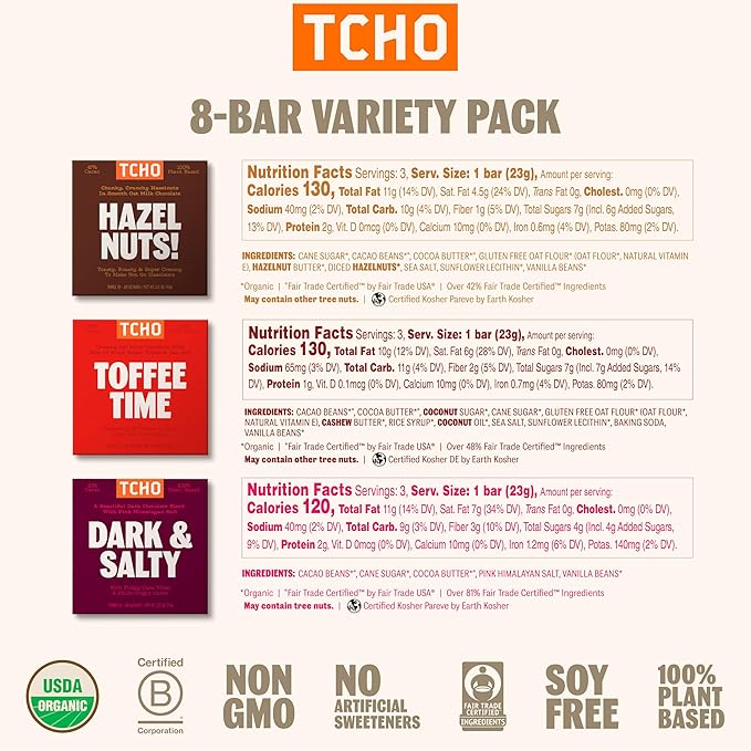 TCHO 100% Plant-Based Dark & Milk Chocolate Variety Pack - Gourmet Assortment with Toffee Time, Choco Latte, Dark & Salty, & More - Vegan No Artificial Sweeteners Chocolate Gift - 8 Count