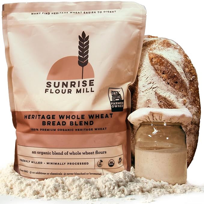 Sunrise Flour Mill Heritage Whole Wheat Bread Blend - 2 lb | USDA Organic All Purpose Flour Unbleached - Non-GMO, Kosher, Grown Without Glyphosate, Ancient Grains, Bread Flour Organic.