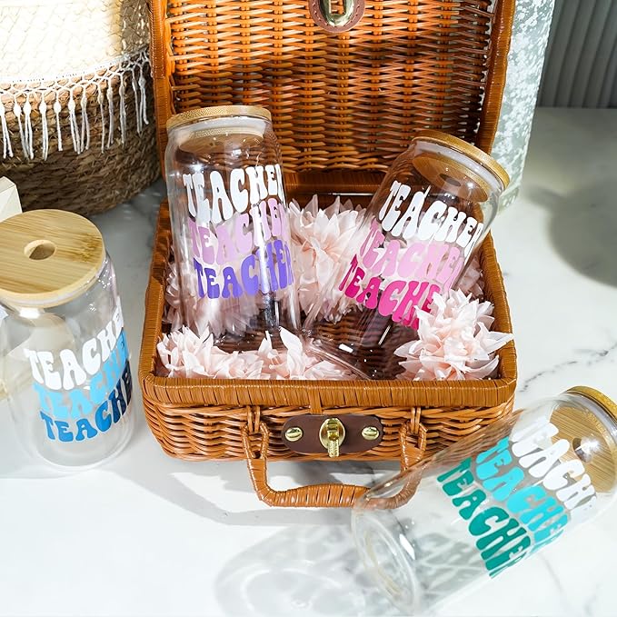 Teacher Appreciation Gifts - 4Pack End of Year Teacher Gifts for Women Men, 18oz Teachers Glass Cup with Bamboo Lid and Straw Glass Coffee Cups Unique Thank You Teachers Tumbler Mug Gift from Students