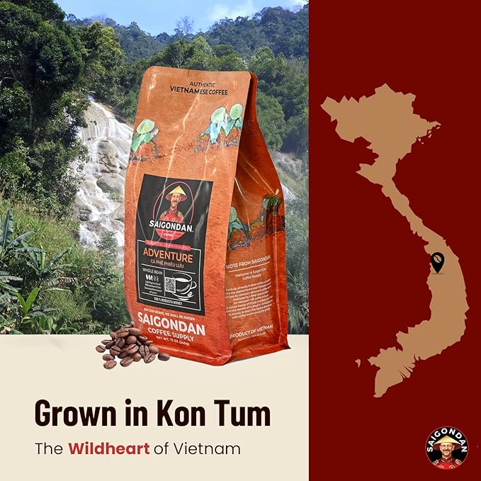 Robusta Whole Bean Coffee - Saigondan Adventure | Light Espresso Roast | 100% Robusta | Vietnamese Coffee | Roasted in Small Batch | Smooth & Naturally Sweet | Direct Trade | No Preservatives | 12 Oz