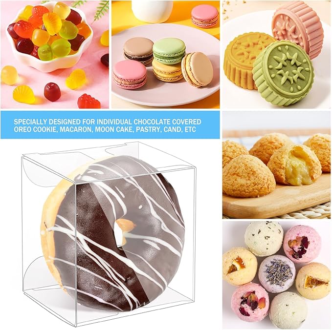 Newbested 100 Pack Clear Plastic Macaron Boxes,Transparent Chocolate Candy Cookies Malt Balls Mini Gift Packing Boxes for Valentine's Day Wedding Party Baby Shower Display(2.17" x 2.17" x 1.38")