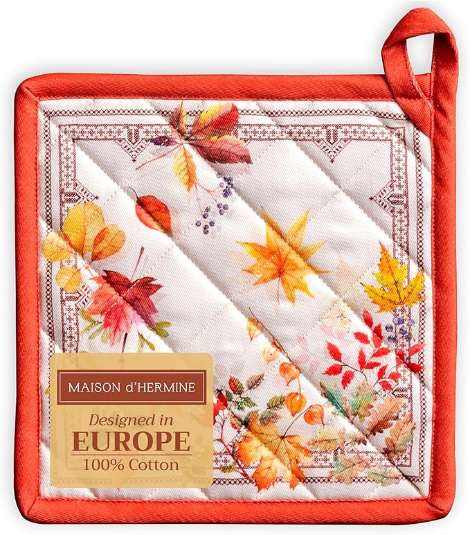 Maison d' Hermine Pot Holders 100% Cotton Heat Resistant Potholders 8" x 8" Hot Pads with Loop BBQ, Cooking, Baking, Grilling, Kitchen, Handling Hot Pans (Pack of 1, Amarante)