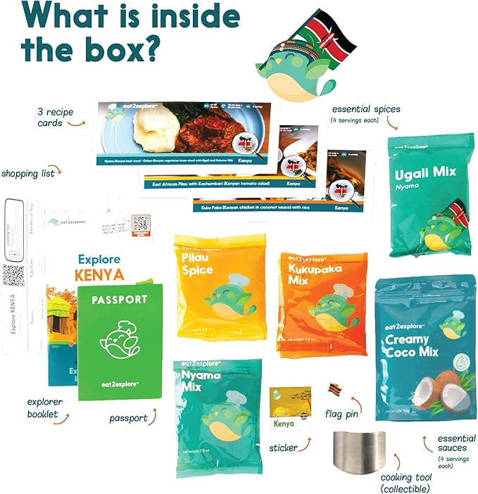 eat2explore Cooking Kits for Kids – Interactive & Educational Kids Cooking Sets Real for Ages 5 and Up,3 Recipe Cards & Global Ingredients – Fun Gift for Young Chefs (Kenya Edition)