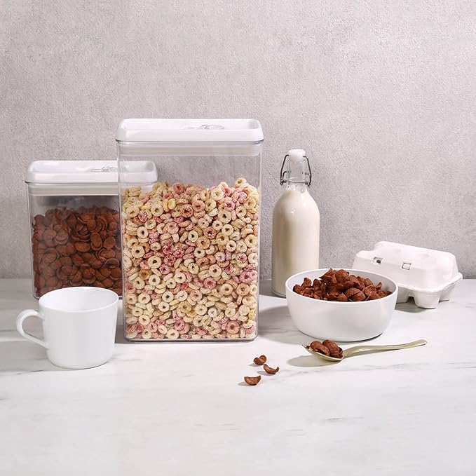 Felli Flip Tite Storage Container with Lid 4" RECTANGULAR Air Tight Ring Flip Top, Stackable Acrylic Canister for Kitchen Counter Pantry, Cereal Granola Pasta Spice, Gift Set for Women (4pk, Variety)