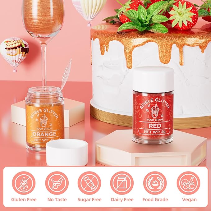 Cherrysea Edible Glitter for Drinks Cocktails Food Grade Edible Drink Shimmer Powder for DIY Champagne Beverages Wine 2 Colors Vegan Edible Luster Dust Set 4g/Bottle Gluten Free - Orange+Red