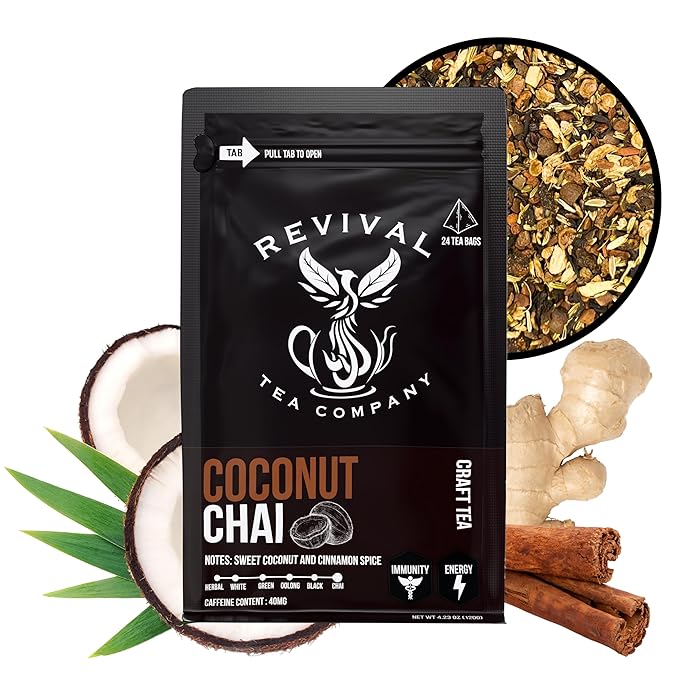 Revival Tea Company Coconut Chai Tea - Black Tea Blend with Fresh Spiced Chai and Coconut Flavor - 24 Tea Bags