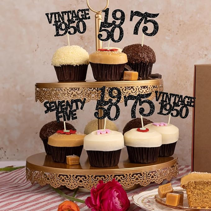 Gyufise 24Pcs Vintage 1950 Cupcake Toppers Glitter Cheers to 75 Fabulous Seventy Five Cupcake Picks 75th Birthday Wedding Anniversary Party Cake Decorations Supplies Black