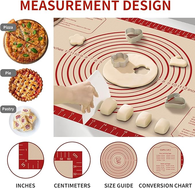 Silicone Baking Mat, Reusable Silicone Dough Mat, Non-Stick Pastry Mat, Heat Resistant Silicone Mat for Baking Cookies, Cake, Bread, Chocolate, Pizza, Crust, Pie Oven Mat, Easy to Clean