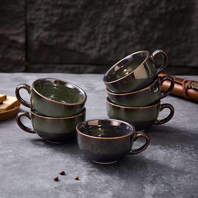 Set of 6 Vintage Design 12 oz Professional Barista Ceramic Latte Art Cappuccino Cups Set (Sea Grey * 6)