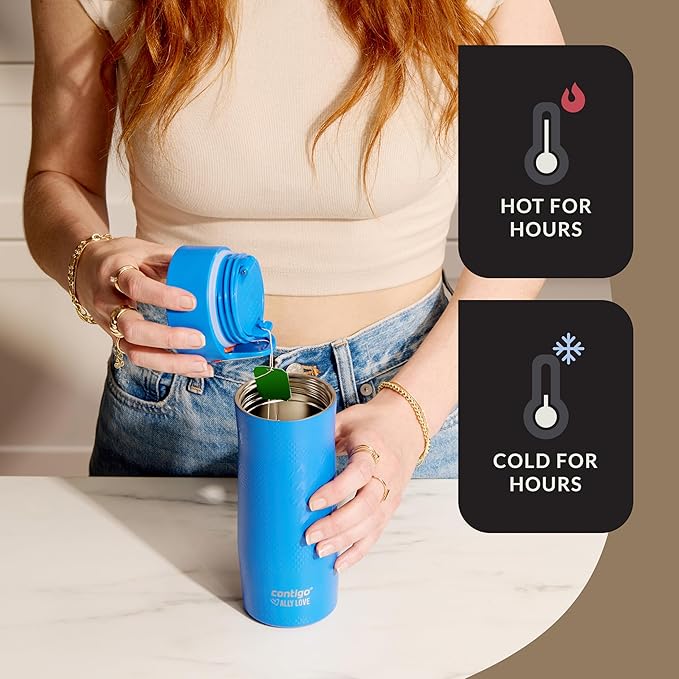 Contigo x Ally Love Stainless Steel Vacuum-Insulated Travel Mug with Autoseal and Easy Clean Lid, Spill-proof, Keeps Drinks cold 24 hrs & hot for 11 hrs, BPA Free, 16oz., West Loop 3.0, Stellar Jay