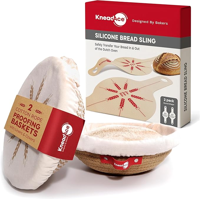 KneadAce Cotton Rope Banneton Proofing Basket & Bread Slings Set Of 2 x Round