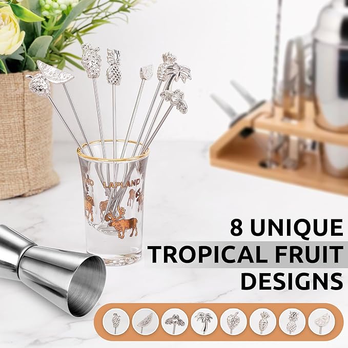 DEMIGO Fruit-Shaped Cocktail Picks, 8 Stainless Steel Reusable Skewers with Tropical Toppers - Olive Stuffers Martini Picks set Fruit Toothpicks Garnish Skewers Appetizer Drink Stick
