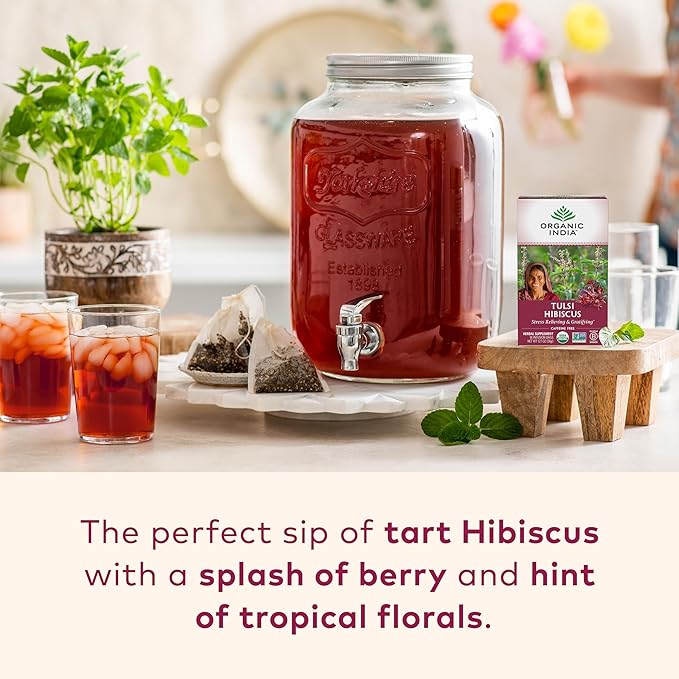 ORGANIC INDIA Tulsi Hibiscus Tea Bags - Holy Basil Herbal Tea, Stress Relieving, Calming, Immune Support, USDA Organic, Caffeine Free -18 Bags, 3 Pack