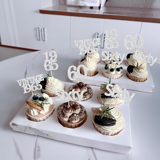 Gyufise 24Pcs 60th Birthday Cupcake Toppers Cheers to 60 Fabulous Sixty Cupcake Picks Vintage 1965 Decorations for 60th Birthday Wedding Anniversary Party Cake Decorations Supplies Silver