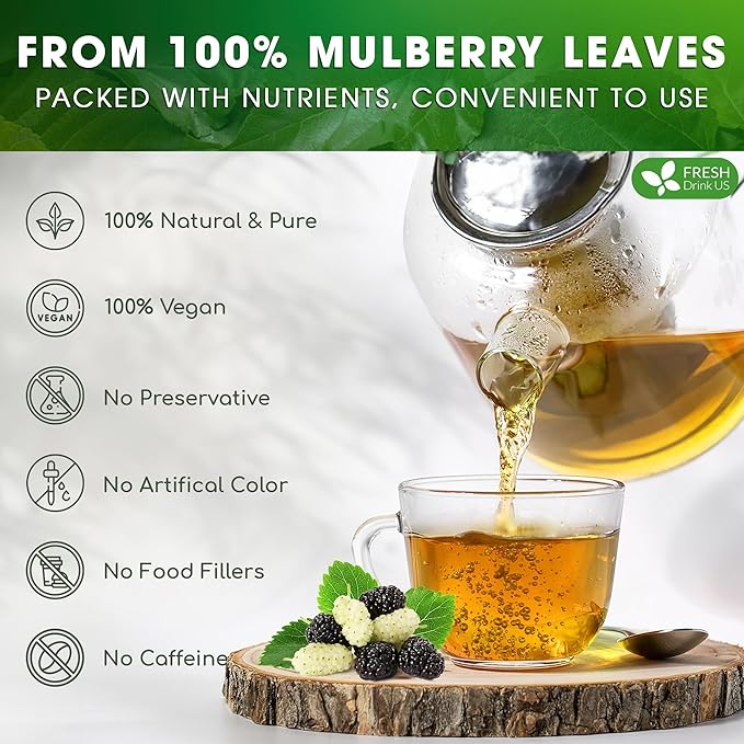 FreshDrinkUS, Premium 50 Mulberry Leaf Tea Bags, 100% Natural & Pure from Mulberry Leaves. Herbal Tea. Made with Natural Material Tea Bags. No Sugar, No Caffeine, No Gluten, Vegan.