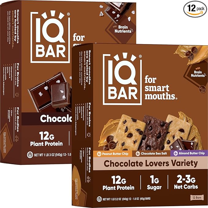IQBAR Brain and Body Keto Protein Bars - Chocolate Lovers Variety and Chocolate Sea Salt - 12 Count Energy Bars - Low Carb Protein Bars - High Fiber Vegan Bars Low Sugar Meal Replacement Bars
