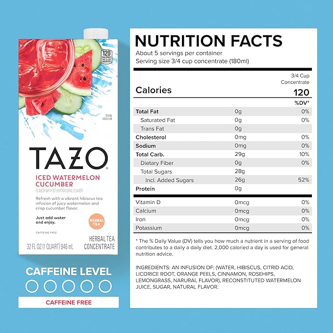 TAZO Tea Concentrate, Organic Skinny Chai Latte, Refreshers Iced Watermelon Cucumber, & Iced Peach Mango 32 Fl Oz (1ea) (Variety Pack)