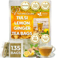 FreshDrinkUS, Premium 135 Tulsi Lemon Ginger Tea Bags, 100% Natural & Pure from Tulsi Holy Basil Leaves, Lemon and Ginger. Made with Natural Material Tea Bags. No Sugar, No Caffeine, Vegan.