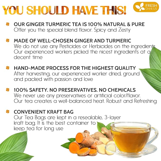 FreshDrinkUS, Premium 135 Turmeric Ginger Tea Bags, 100% Natural Ingredients, Hand-made Blend of Turmeric and Ginger Herbal Tea, Eco-conscious Tea Bags. No Sugar, No Caffeine, No Gluten, Vegan.