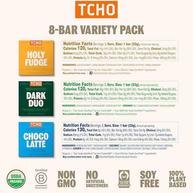 TCHO 100% Plant-Based Dark & Milk Chocolate Variety Pack - Gourmet Assortment with Toffee Time, Choco Latte, Dark & Salty, & More - Vegan No Artificial Sweeteners Chocolate Gift - 8 Count