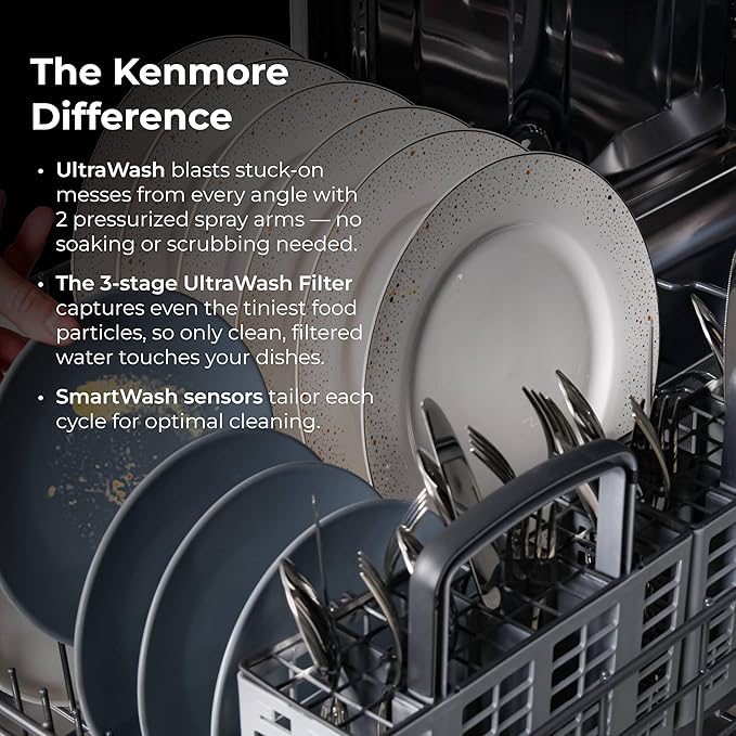 Kenmore 24" Built-in Stainless Steel Tub Dishwasher EasyFlex 3rd, SmartWash, UltraWash Plus, TurboDry, and MoreSpace Adjustable Rack, Energy Star Certified, White