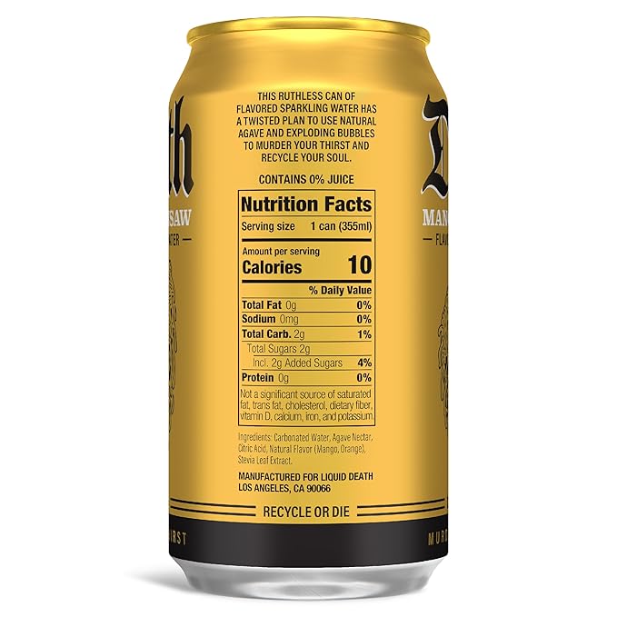 Liquid Death, Mango Chainsaw, Soda-Flavored Sparkling Water, 12-Pack (12oz Cans), Low Sugar, Huge Flavor & No Artificial Sweeteners