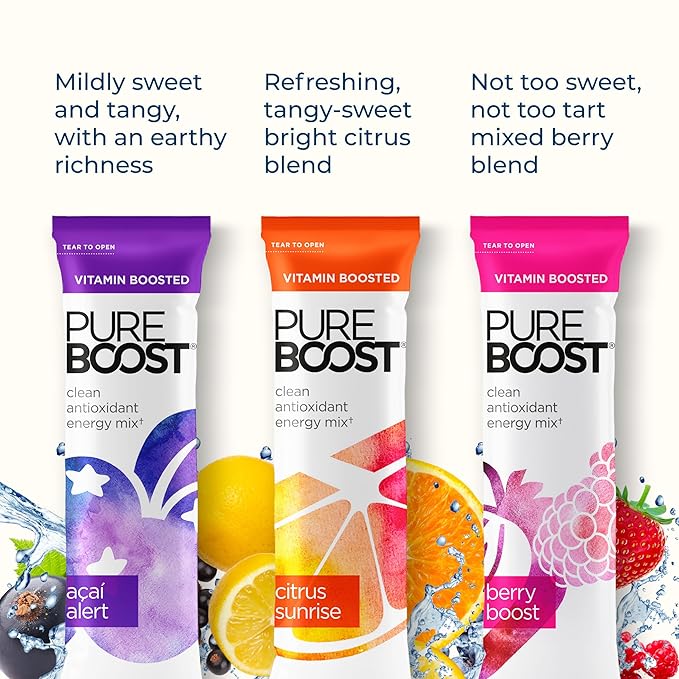Pureboost Clean Energy Booster, Refreshing Energy Drink Mix with B12 Vitamins, Electrolytes, Antioxidants, Sugar-Free with No Sucralose (Combo Pack, 10 Count)