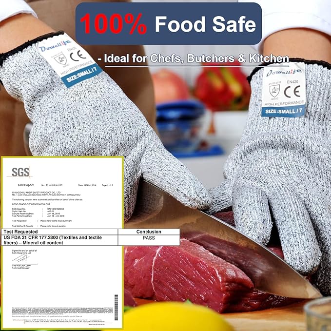 Dowellife Cut Resistant Gloves Food Grade Level 5 Protection, Safety Kitchen Cuts Gloves for Oyster Shucking, Fish Fillet Processing, Mandolin Slicing, Meat Cutting and Wood Carving. (X-Large-2 Pairs)