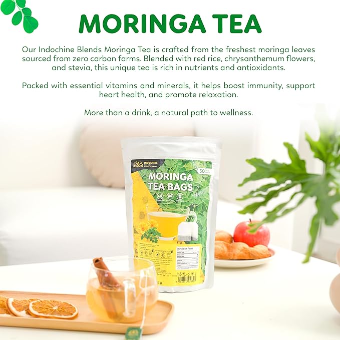 Indochine Blends, 50 Tea Bags, Hibiscus Tea Bags for High Blood Pressure, Herbal Tea Bags, Caffeine-Free, No Sugar, Vegan, Supports Heart Health and Relaxation, Loose Hibiscus Flowers, All Natural Hibiscus Flowers Ingredients (50 Tea Bags, Moringa Tea)