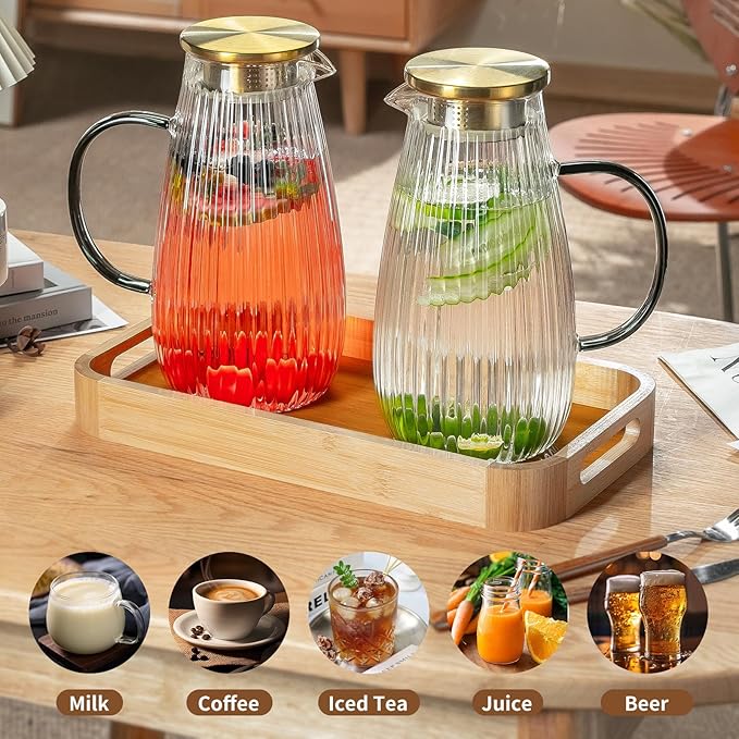 2 PACK Glass Pitcher with Lid and Spout,68 oz/2 Liter Vertical Stripes Water Pitcher for Fridge, Clear Borosilicate Glass Water Carafe for Cold Brew, Coffee, Lemonade, Sun Tea,Heat Resistant