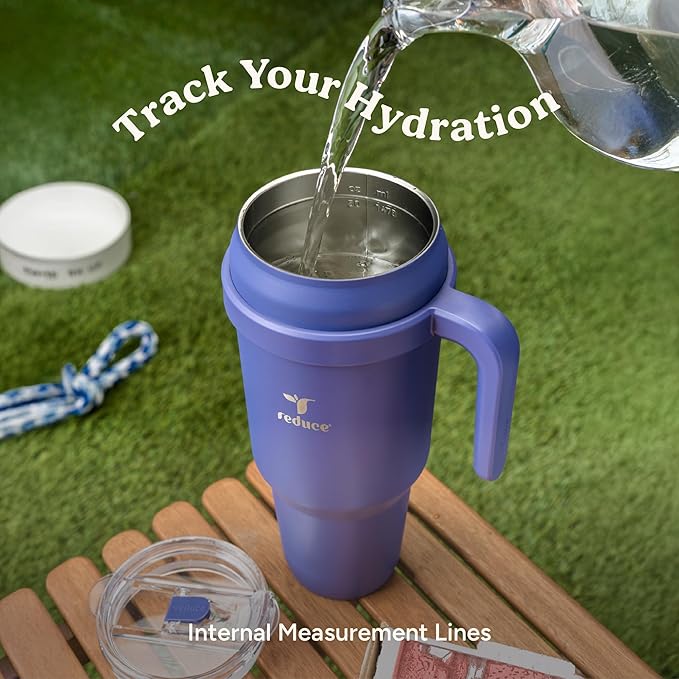 REDUCE 50 oz Stainless Steel Tumbler with Handle - Dual-Wall Vacuum Insulated Travel Mug, Sweat-Proof Lid & Reusable Straw - Keeps Drinks Cold for 24 Hrs, Fits Cupholders, Dishwasher Safe - Dark Web