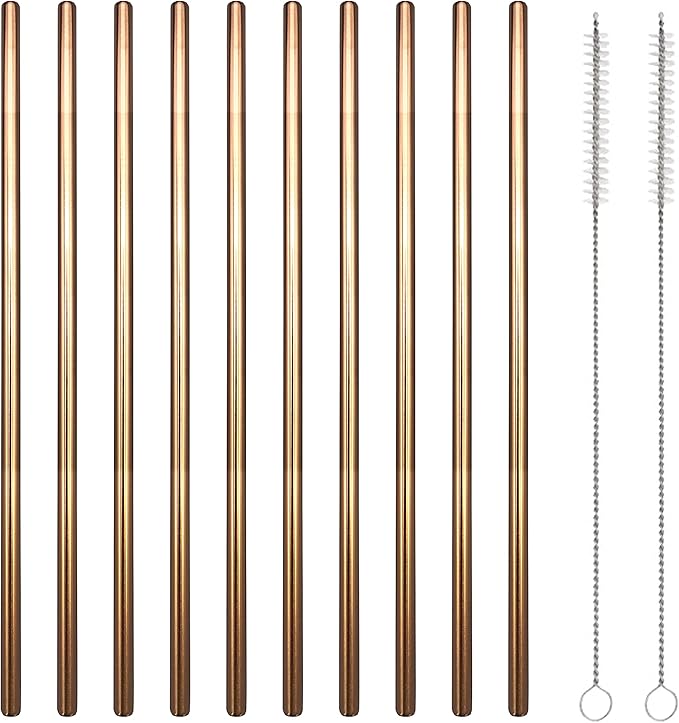 10 Pcs Stainless Steel Straws, Reusable Drinking Straws, Straight Metal Straw Sets with 2 Pcs Cleaning Brushes (8.5 Inch, Rose Gold)