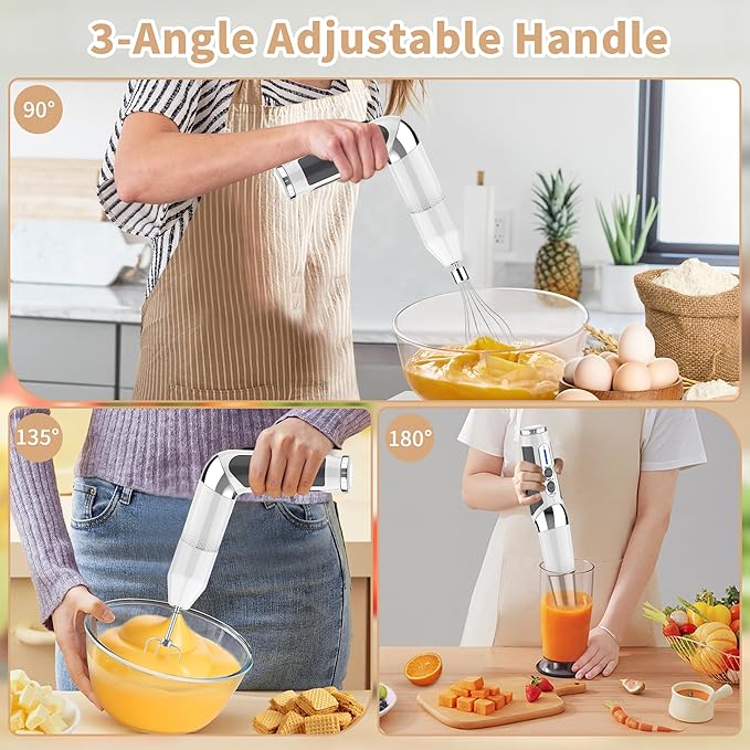 Cordless Immersion Blender Handheld: 3-in-1 Rechargeable Electric Hand Blender Stick, 21-Speeds & 3-Angle Adjustable with 700ml Beaker, Egg Whisk and Beater for Smoothies, Soup,Puree,Baby Food (White)
