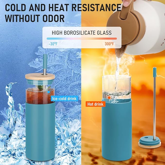2Pack Glass Tumbler w/Lid &Straw - 24oz Reusable Glass Mug/Bamboo Lid & Stainless Steel Straw -BPA Free, Leak-Proof, Dishwasher Safe for Coffee, Smoothies, Hot Beverage, Travel, Office, Home Use