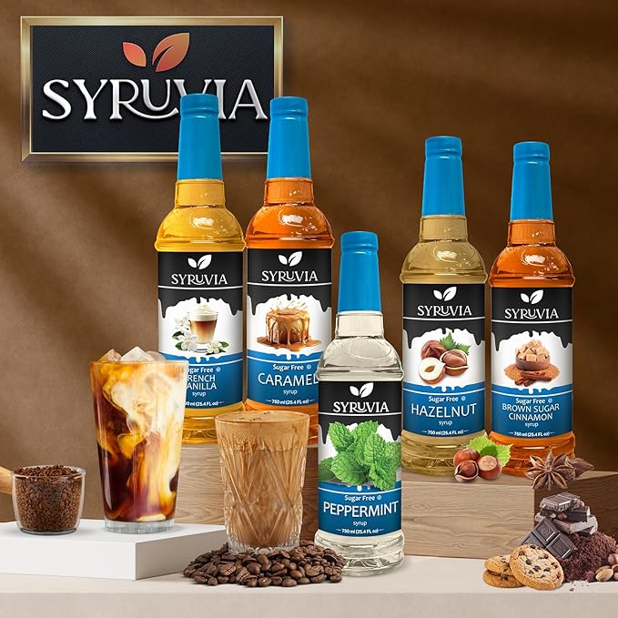 Syruvia Sugar Free Coffee Syrup, Almond Flavored Syrup for Drinks, Lattes, and Desserts – 25.4 fl oz, With Pump