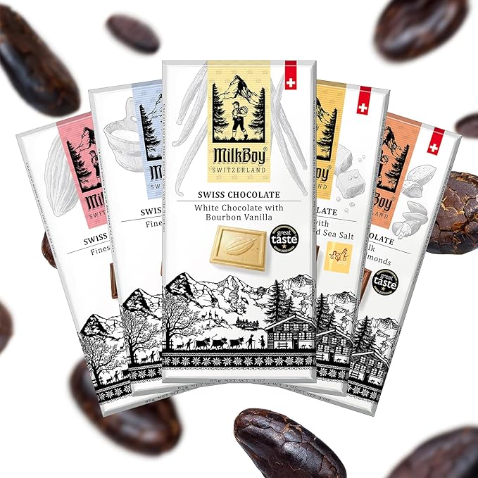 Milkboy Swiss Chocolates Gourmet Milk Chocolate Bars - Dark Chocolates - White Chocolate Bar - Premium Handmade Chocolate Variety - Kosher - GMO Free - Chocolates Candy - (Pack of 5)