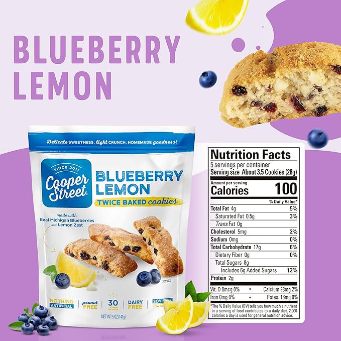 Cooper Street Cookies Twice Baked Italian Biscotti Cookies - Lemon Blueberry, Orange Cranberry and Cherry White Chunk | Crispy, Light and Healthy Cookies | Peanut & Dairy Free | 20oz | 3 Pack