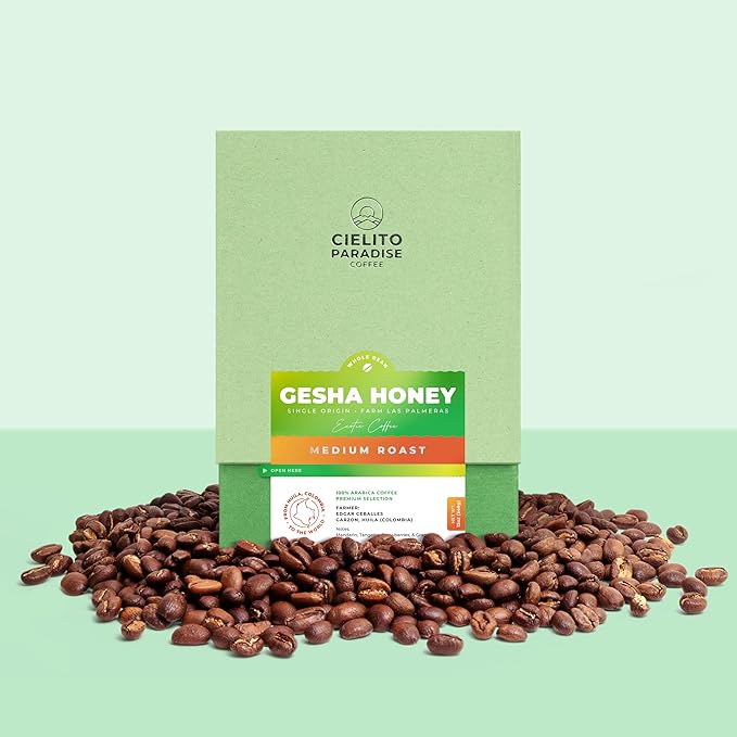 Medium Roast Gesha Honey Coffee - Whole Bean from Garzón Huila, Colombia, Single Origin, Exotic Notes of Mandarin, Tangelo, Strawberry & Grape, 12oz