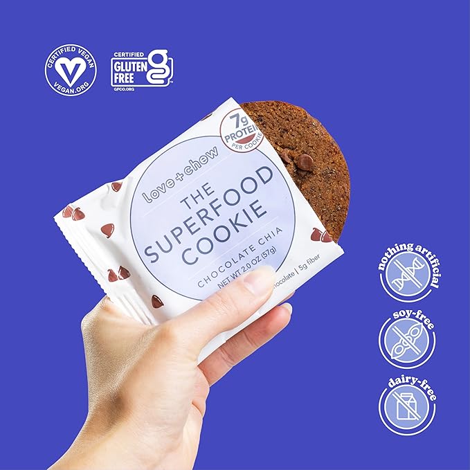 Love + Chew Superfood Soft Baked Cookies, Chocolate Chia Flavor, Plant Based Cookie Made With Chia Seeds & Dark Chocolate for Kids and Adults, Vegan Snacks, Gluten Free, Paleo, Non GMO, 60 Pack
