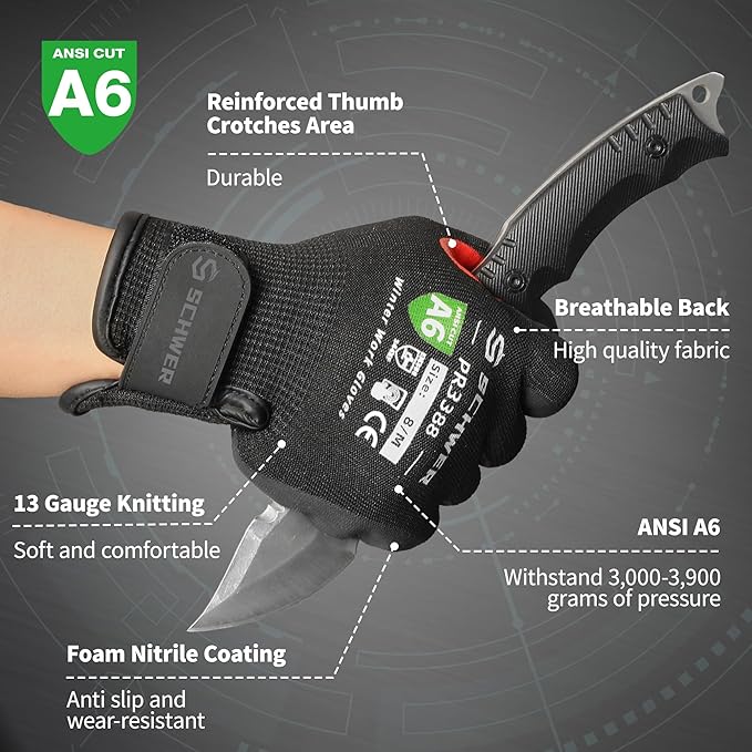 FreezeGuard Winter Work Gloves for Men and Women, ANSI A6 Cut Resistant Gloves With Super Grip, Freezer Glove for Work Touchscreen, Thermal Insulated, PR3388, Non PFAS, Black Knight (XL, 1 Pair)