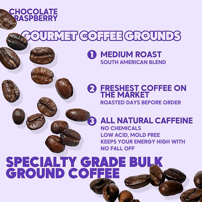 Sarasota Coffee Ground Chocolate Raspberry | Medium Roast Gourmet Flavored Coffee Grounds | Low Acid, Mold Free, Specialty Grade Flavored Bulk Ground Coffee | 5lb (80 oz)