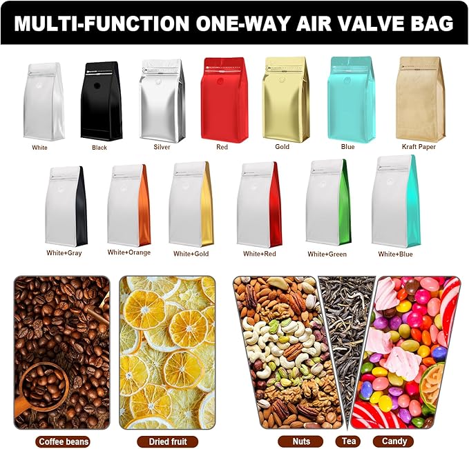 Coffee Bags with Valve(60pcs,8 oz,1/2 lb) Vented Coffee Beans Packaging Bags High Barrier Aluminumed Foil Flat Bottom Heat Sealed Side Zipper Resealable Storage Bag for Home or Business (White+Gray）