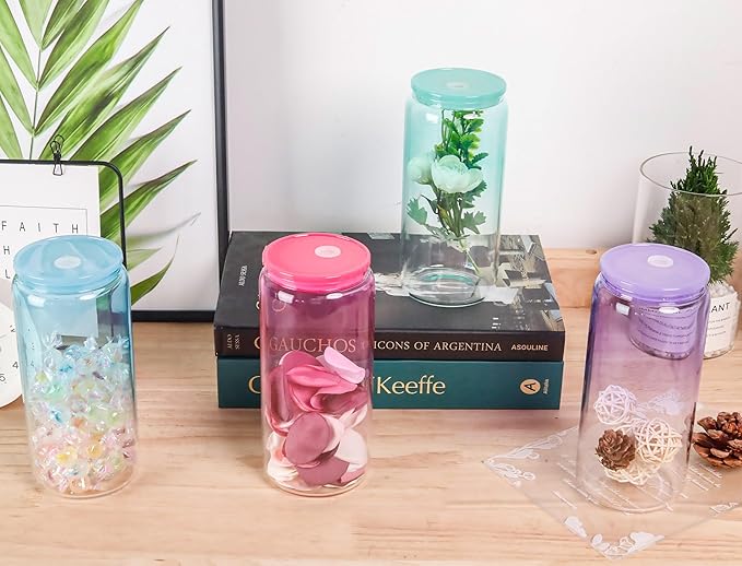 Joyclub 20oz Glass Cups with Acrylic Lids and Straws 8 Set Can Shaped Glass Iced Coffee Cups with Lids, Gradient Drinking Glasses Cute Tumbler Cup Great for Smoothie Soda Boba Tea Cocktail Beer Gift