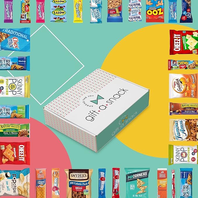 Gift A Snack - Thanksgiving, Holiday, Christmas Stocking Stuffer Snack Box Variety Pack Care Package + Greeting Card (40 Count) Birthday Sweet Treats Gift Basket, Candies Chips Crackers Bars