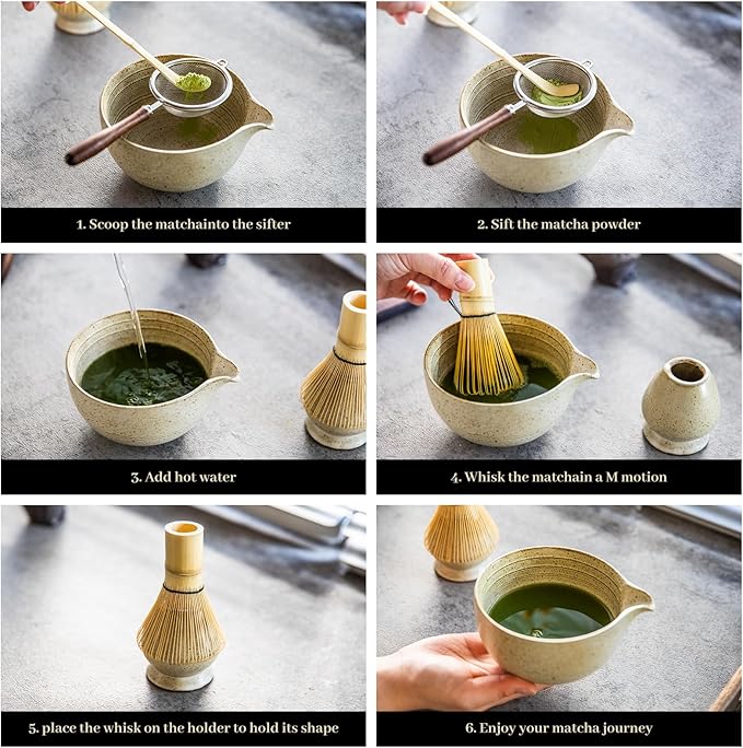 Matcha Set - Match Bowl with Spout and Whisk, 14 OZ, Matcha Scoop, Matcha Whisk and Holder, Matcha Sifter - 5pc Perfect Matcha Kit for Matcha Tea Ceremony (Mottled vintage)