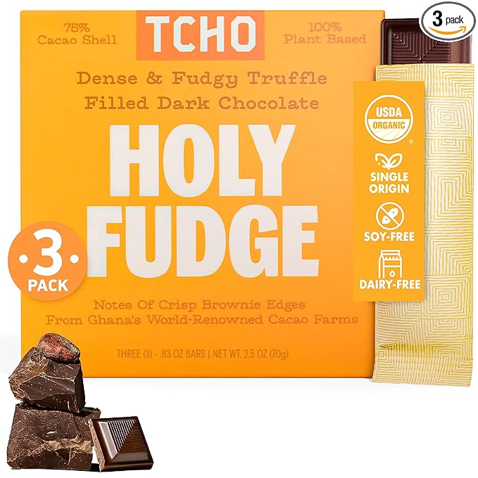 TCHO Holy Fudge 76% Dark Chocolate Bars (3 pack) | Single Origin, Plant Based, Organic & Fair Trade, | Non GMO, Non-Dairy, Vegan, Soy Free (2.5oz each)