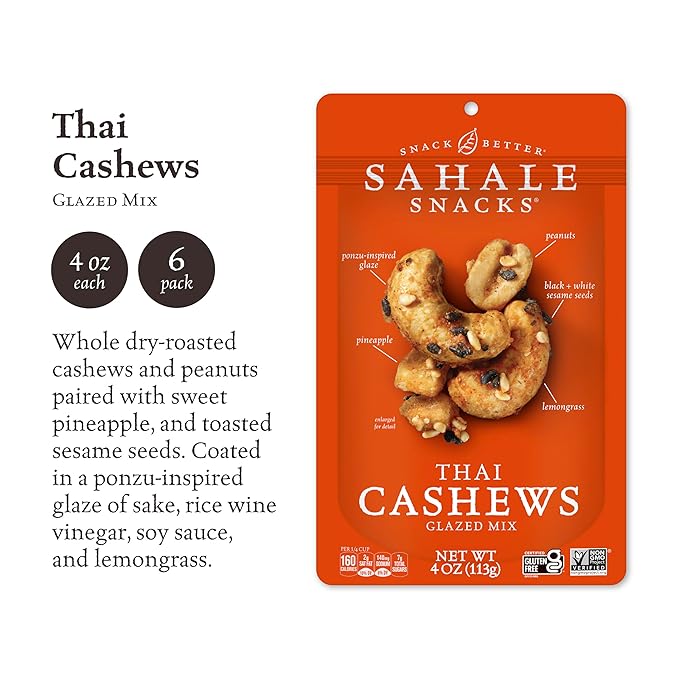 Sahale Snacks Thai Cashews Glazed Mix, 4 Ounces (Pack of 6)